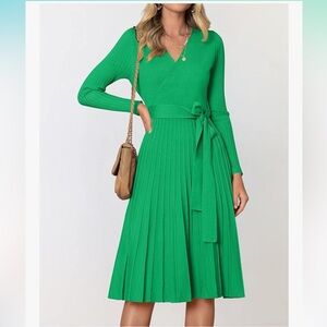 Long sleeve V Neck Ribbed Knit Pleated A Line Pullover Sweaterdress with Belt.